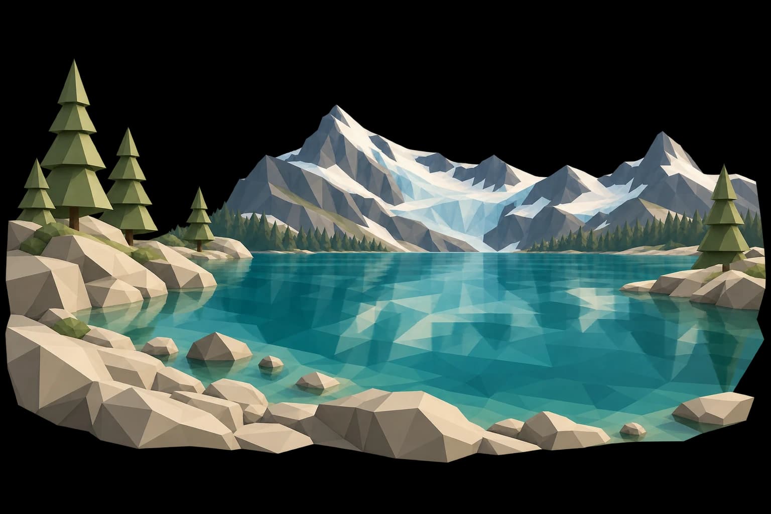Illustrated snowy mountain peaks and pine forest around a glacial lake